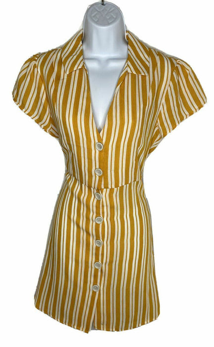 Inspired Hearts Striped Button Down Dress Yellow/White (Size: L)