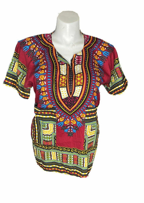 Women's Burgundy V-Neck African Culture Dashiki Top (Size: M)