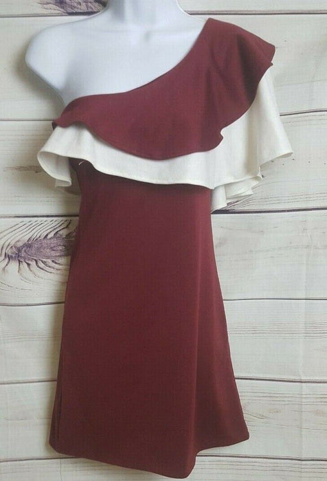 Shaye Blue Women's One Shoulder Ruffled Bodycon Dress Burgundy/White (Size: S)