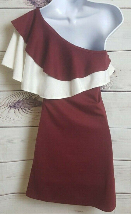 Shaye Blue Women's One Shoulder Ruffled Bodycon Dress Burgundy/White (Size: S)