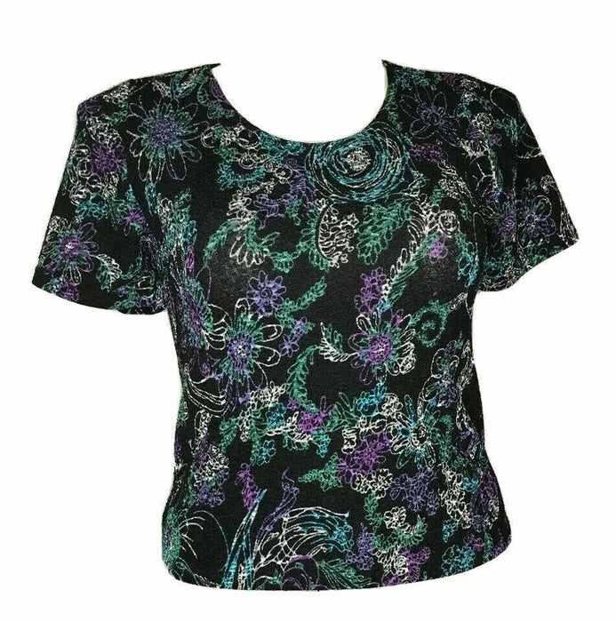 Sport Timer Black Floral Short Sleeve Basic Top (Size: S)