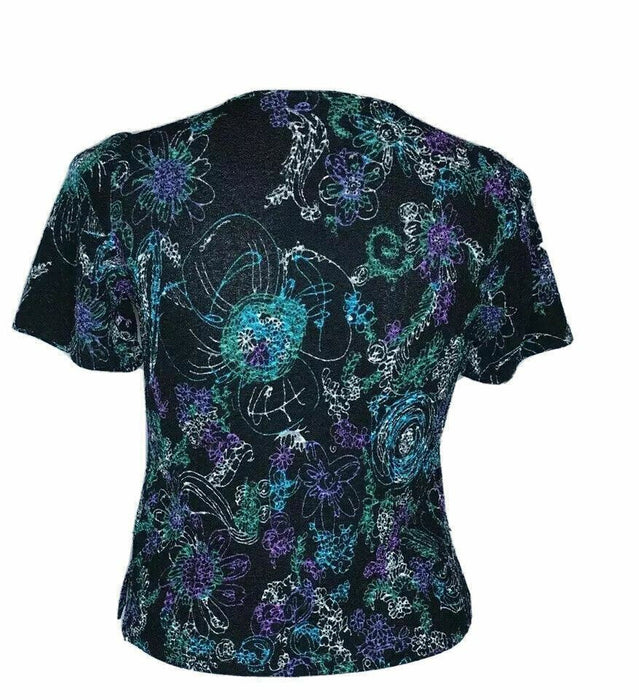 Sport Timer Black Floral Short Sleeve Basic Top (Size: S)