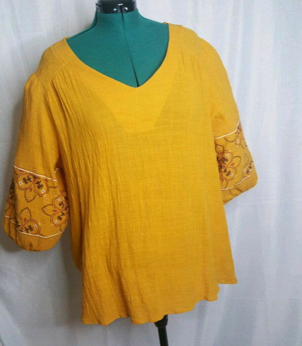Avenue Mustard Yellow Crepe Floral Sleeve V-Neck Top