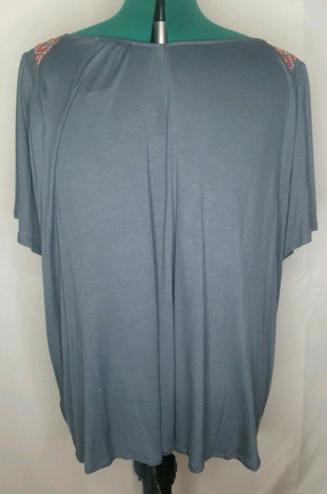 Loralette Blue V-Neck Short Sleeve Front Tie Top (Size Plus: 3X) 54073038