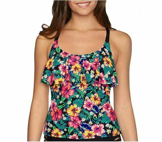 Arizona Juniors Black Floral Tankini Swimsuit Top (Size: M)