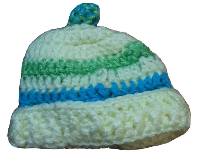 Handmade Crochet Yellow/Green/Blue Striped Babydoll Beanie