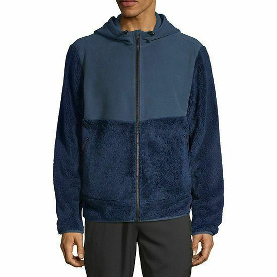 Xersion Lightweight Fleece Jacket Faux Fur Jacket w/ Hood | Navy (Men Size: M)