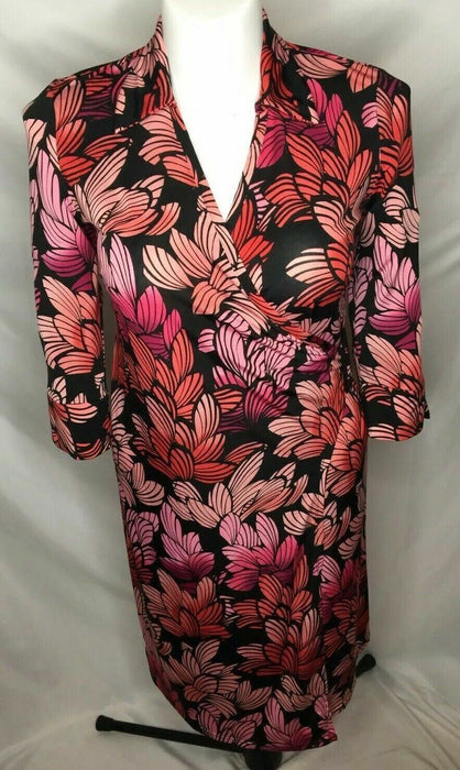 Essentials Floral V-Neck Tie Dress Pink/Black (Size: M)