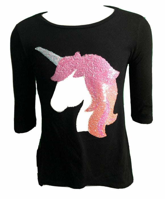 Total Girl Black Unicorn Reverse Sequence Long Sleeve Shirt (L/14)