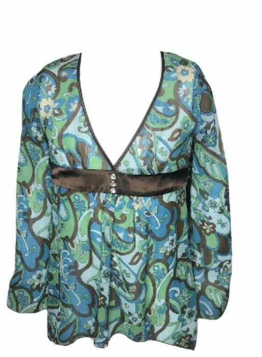 Beautees Blue Floral Long Sleeve V-Neck Top (Size: M)