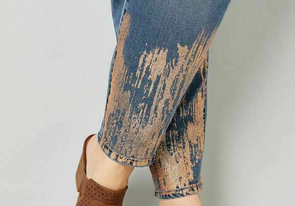 Avenue Blue Plus Size Premium Stretch Denim Gold Foil Ankle Skinny Leg Jeans
