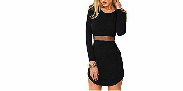 Weiju Black Long Sleeve See Thru Waist Dress (Size Petite: S)