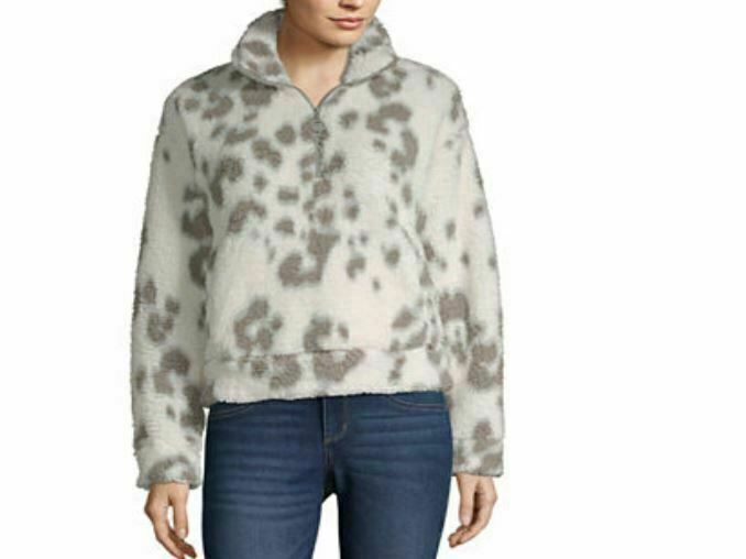 Arizona Women's Snow Sherpa Cropped Quarter Zip Jacket White/Gray (Size: S) NWT