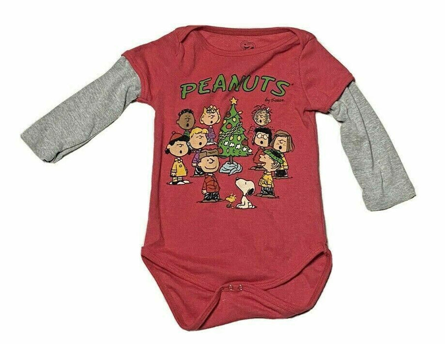 Peanuts Red Long Gray Sleeve Baby One Piece (Size: 24M)