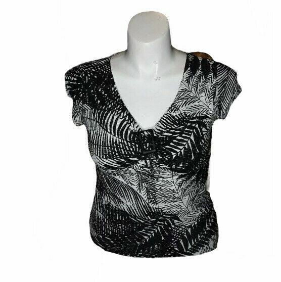 Jaclyn Smith Black/White Palm V-Neck Top (Size: S)