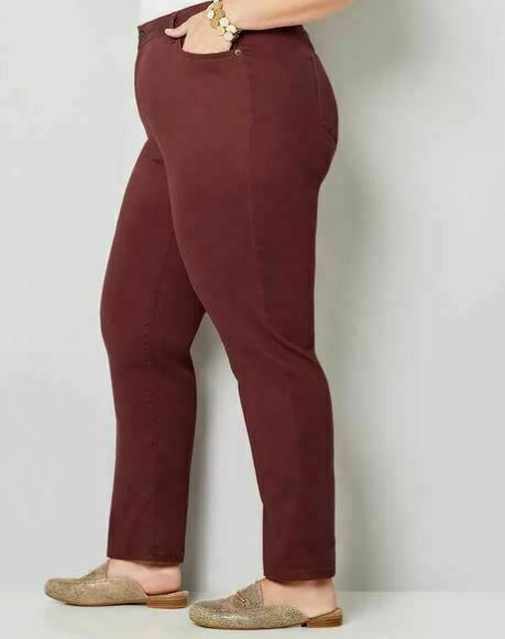 Avenue Burgundy Plus Size 5 pocket Straight Leg Knit Denim Jeans (Size: 26P)