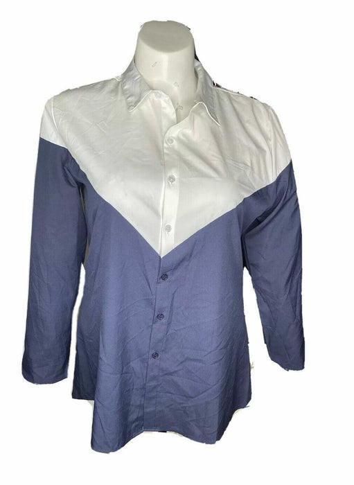 White/Blue Long Sleeve Button Up Top (Size: XL)