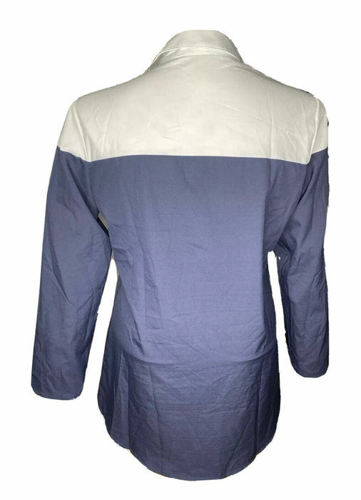 White/Blue Long Sleeve Button Up Top (Size: XL)