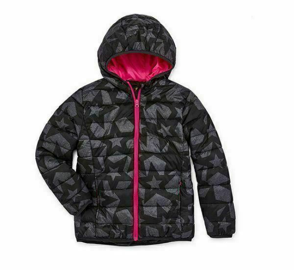 Xersion Girls Hooded Puffer WP Jacket Blackstars (Size: Large/ 14) NWT