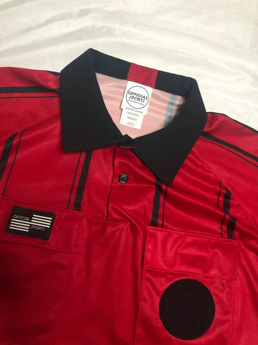 Rugby Referees Official Sports Red/Black Stripped Button Shirt Men's (Size: M)