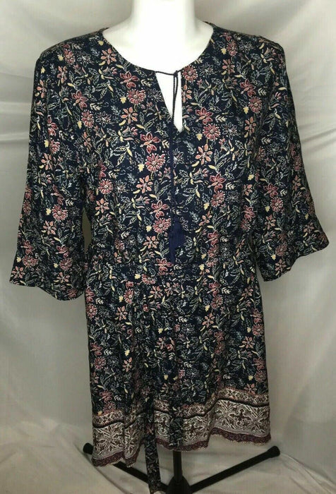 Faded Glory Floral Keyhole 3/4 Sleeve Dress Blue (Size: XXL/20)