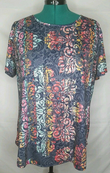 Avenue Blue/Multicolored Floral Key Hole Short Sleeve Top