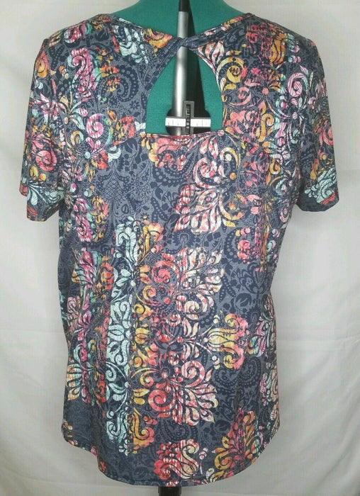 Avenue Blue/Multicolored Floral Key Hole Short Sleeve Top