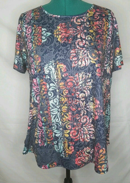 Avenue Blue/Multicolored Floral Key Hole Short Sleeve Top