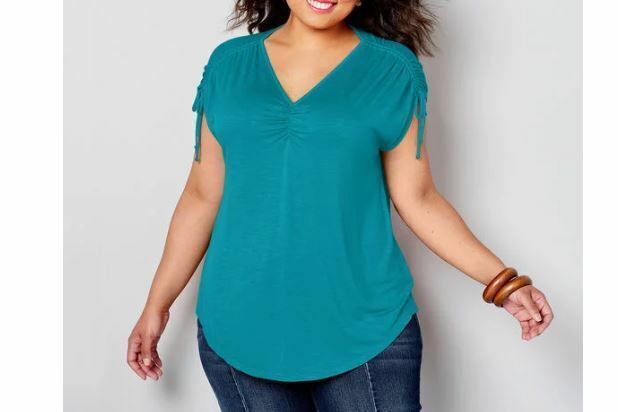 Avenue Aqua Blue Ruched Sleeve V-Neck Top (Size: 18/20)