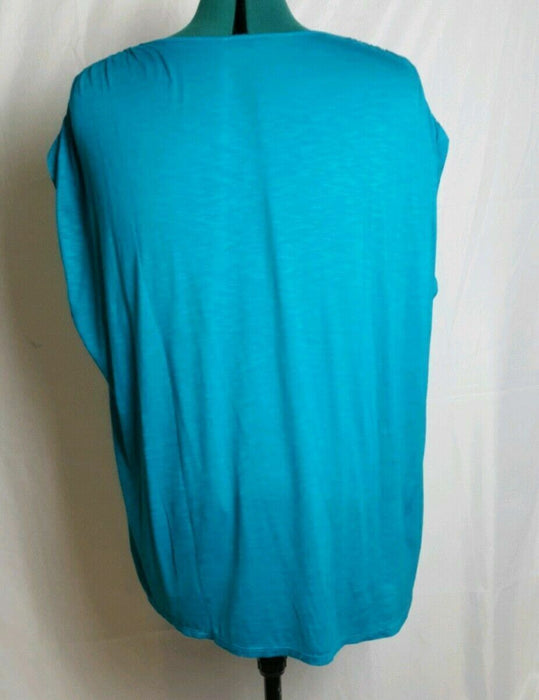Avenue Aqua Blue Ruched Sleeve V-Neck Top (Size: 18/20)
