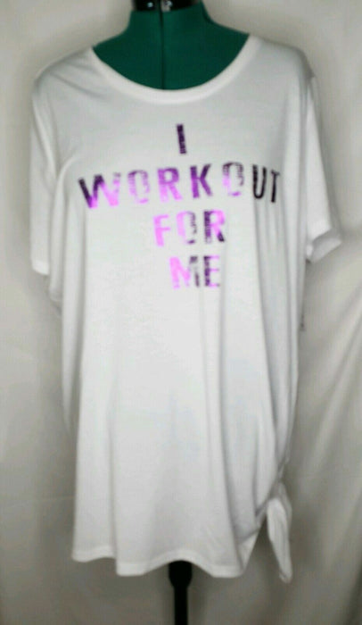 Avenue Leisure White "I Workout For Me" Side Knot Top (Size: 26/28)