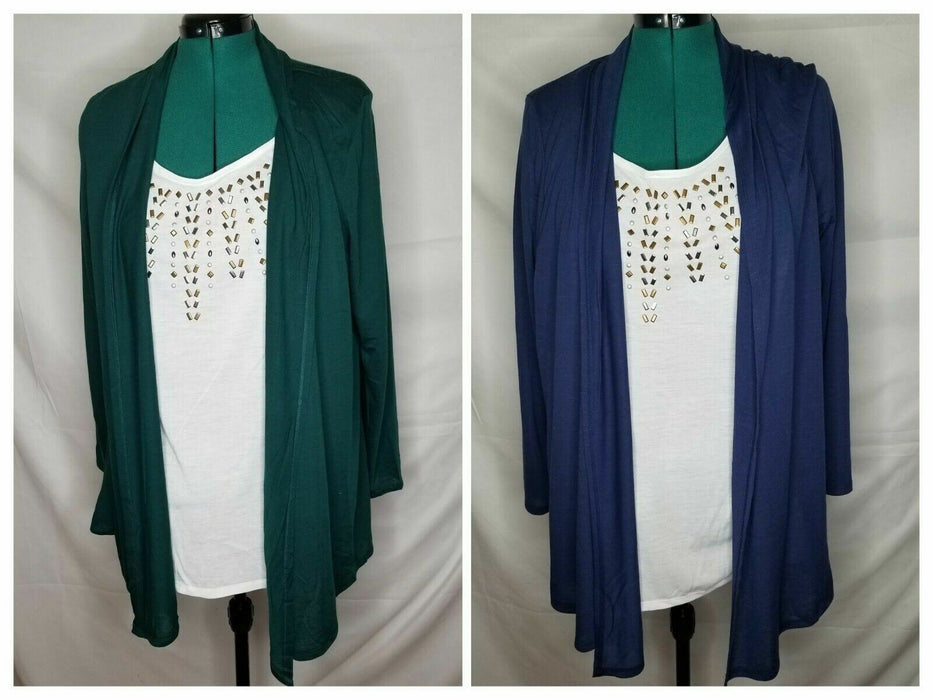 Karen Brooks Plus Open Front Kimono White Embellished Bodice Top (Blue & Green)