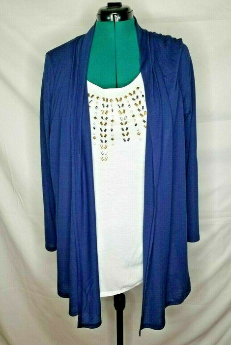 Karen Brooks Plus Open Front Kimono White Embellished Bodice Top (Blue & Green)