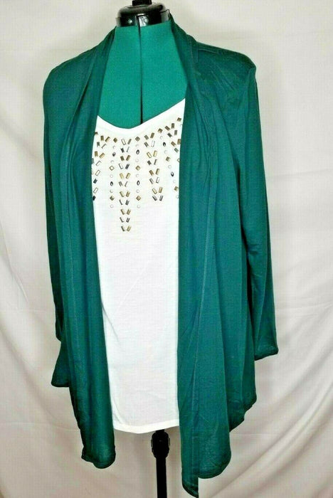 Karen Brooks Plus Open Front Kimono White Embellished Bodice Top (Blue & Green)