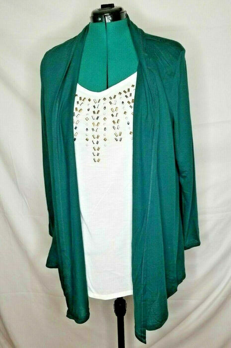 Karen Brooks Plus Open Front Kimono White Embellished Bodice Top (Blue & Green)