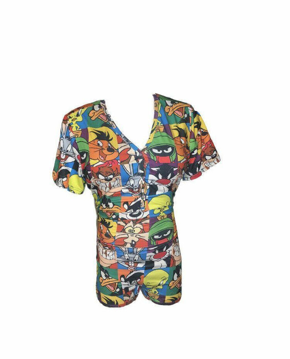 Womens Short Sleeve V-Neck Looney Tunes Bodycon Sleepwear Shorts Jumpsuit