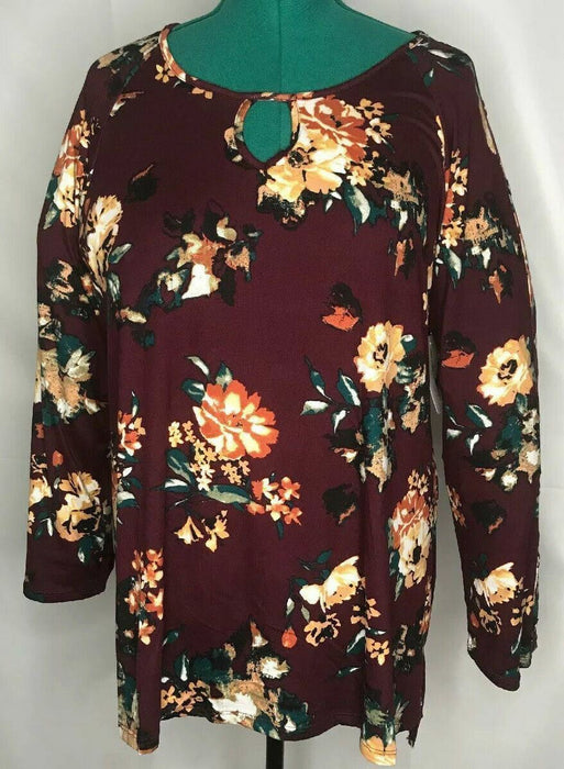 New York Laundry Plus Women's Burgundy Floral Keyhole Top (Sizes: 1X, 2X)