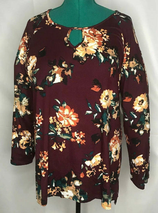 New York Laundry Plus Women's Burgundy Floral Keyhole Top (Sizes: 1X, 2X)