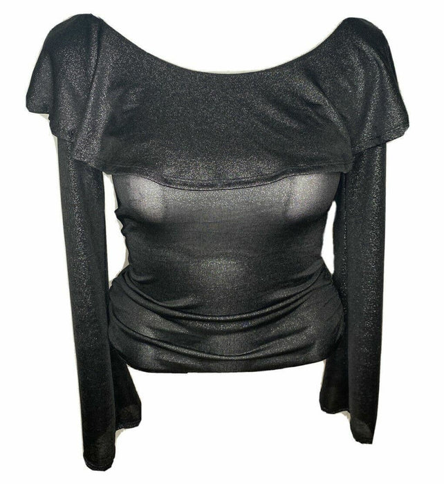 By & By Black Sparkle Long Sleeve Ruffle Top (Size: L)