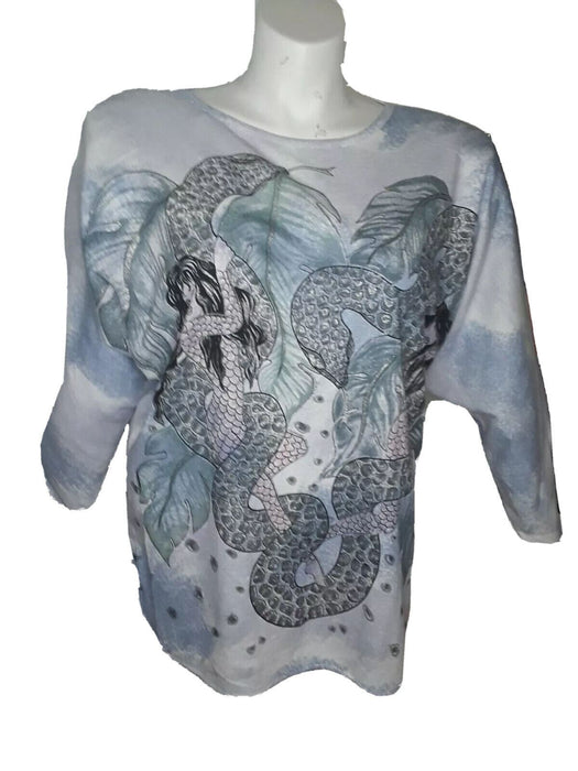 Donna Toran Blue Mermaid 3/4 Sleeve Top (Size: M)