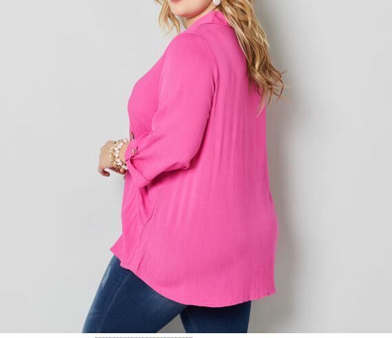 Avenue Pink Crinkle Rayon Roll Tab Button Down Top (Sizes: 18/20, 22/24)