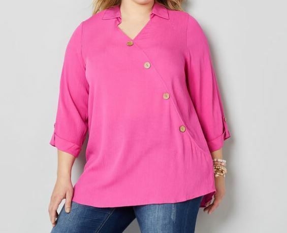 Avenue Pink Crinkle Rayon Roll Tab Button Down Top (Sizes: 18/20, 22/24)