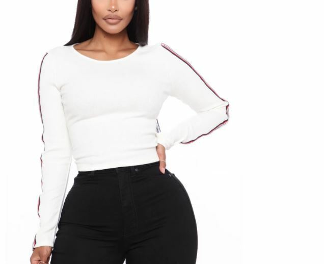 Fashion Nova White Side Strip Long Sleeve Top (Size: L)