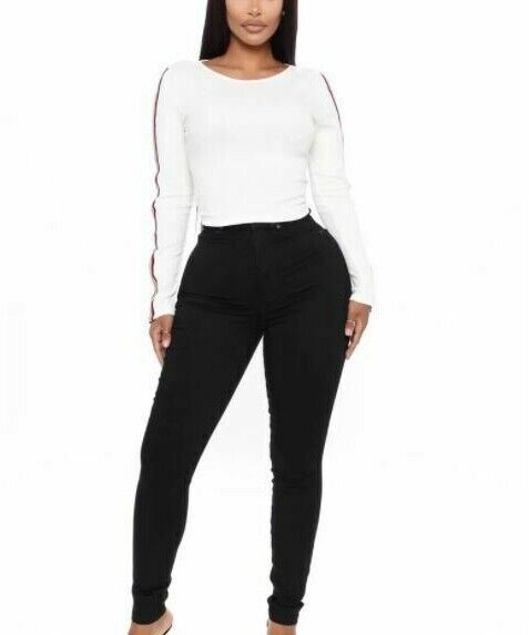 Fashion Nova White Side Strip Long Sleeve Top (Size: L)