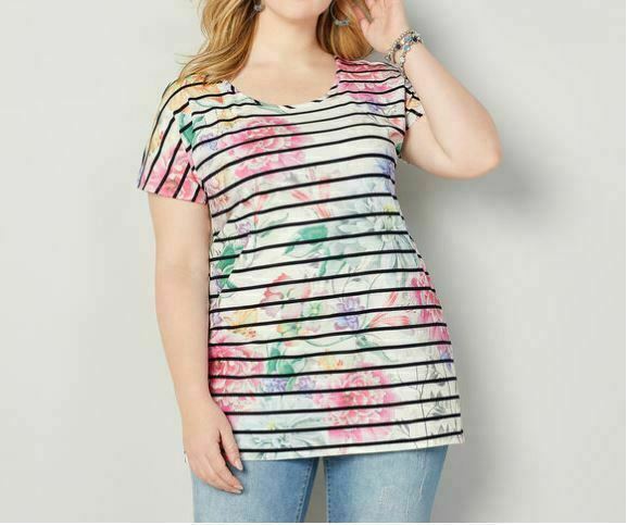 Avenue White Ribbed Stripe Floral Tunic Top