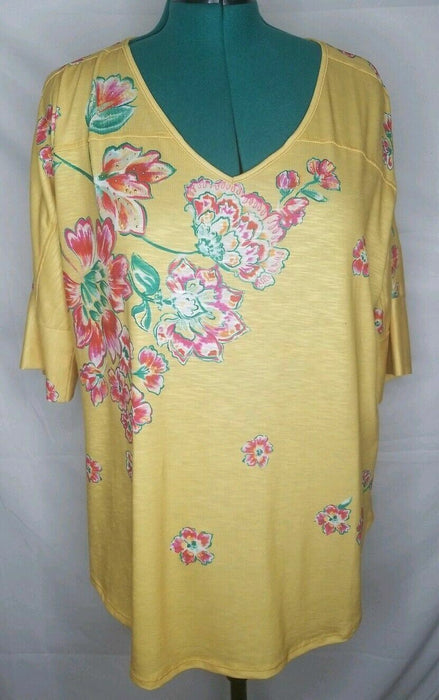 Avenue Yellow Floral Glitter 3/4 Sleeve V-Neck Top (Plus Size: 18/20)