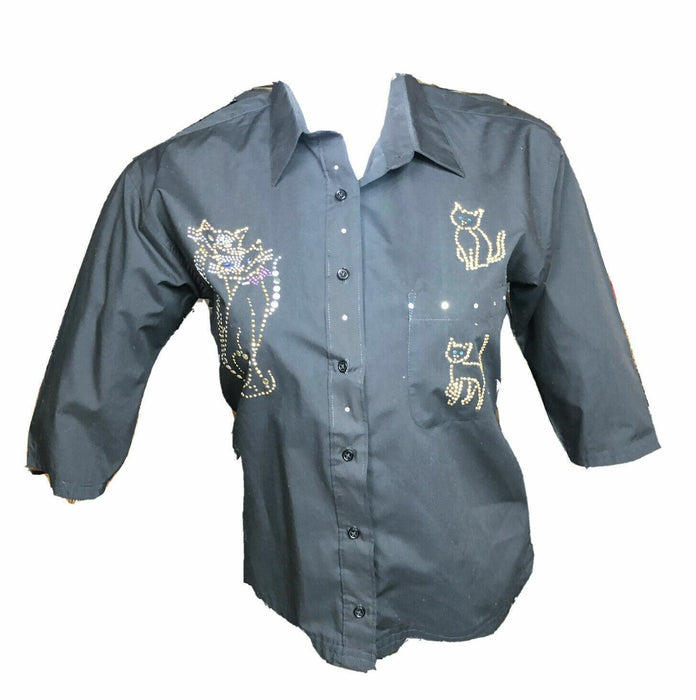 Get Lucky Black Cat 3/4 Sleeve Button Down Collared Top (Size: L)