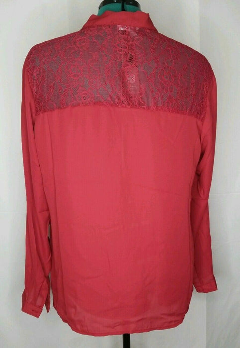 Daisy Fuentes Burgundy Tie Neck Button Down Lace Back Top (Size: 2X)