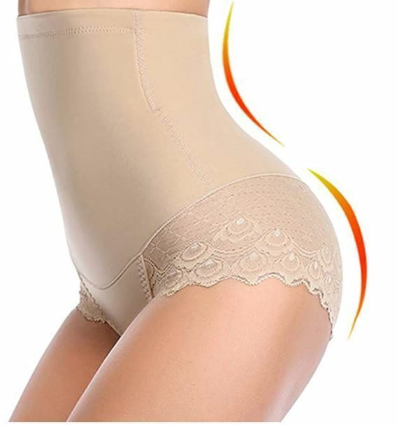 Women's Beige Women Tummy Control High Waist Lace Briefs Shaper (Size: XL)