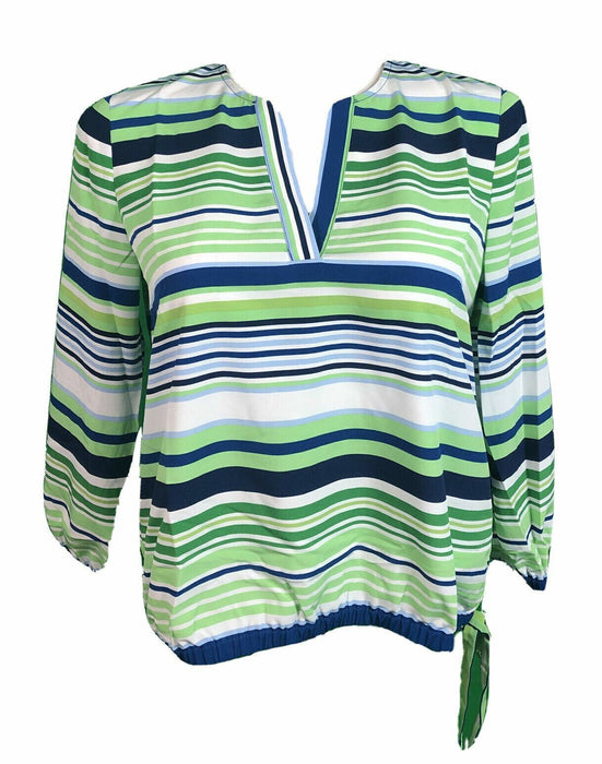 Appleseed's Blue/Green Striped Long Sleeve V-Neck Top (Size: M)